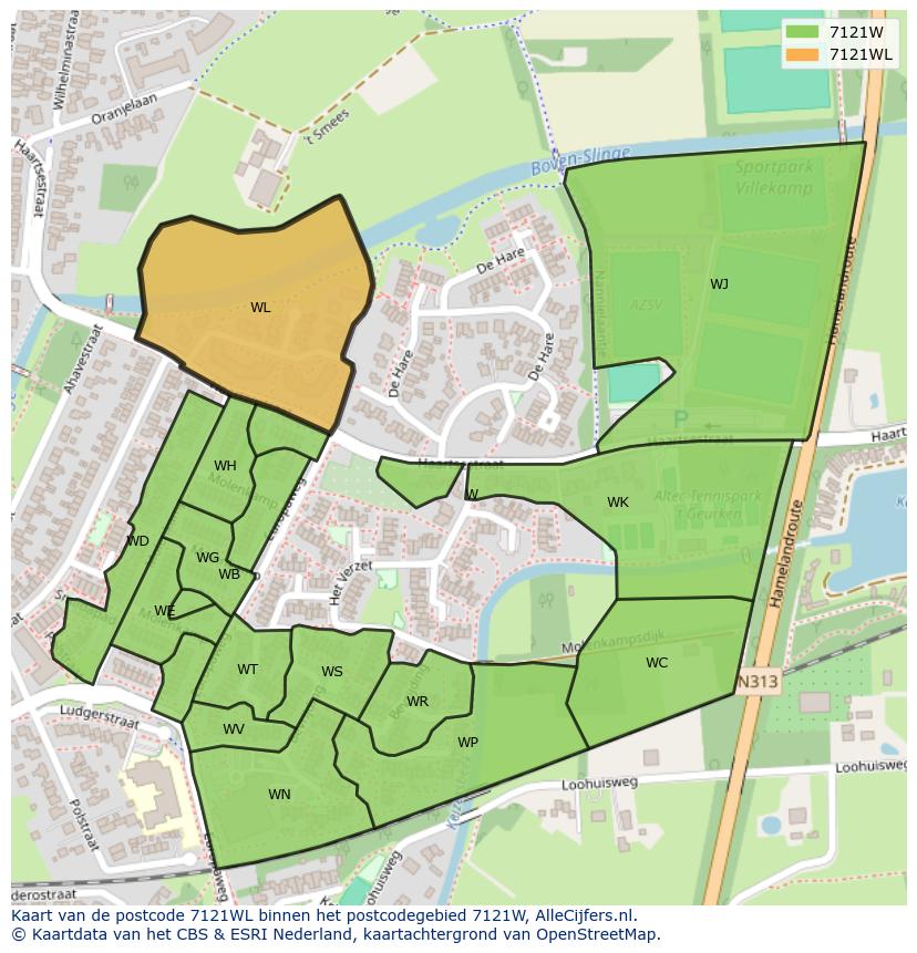 Afbeelding van het postcodegebied 7121 WL op de kaart.