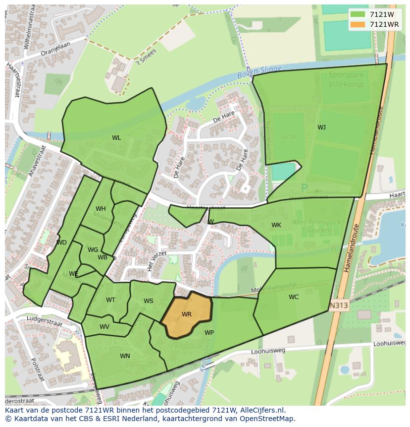 Afbeelding van het postcodegebied 7121 WR op de kaart.
