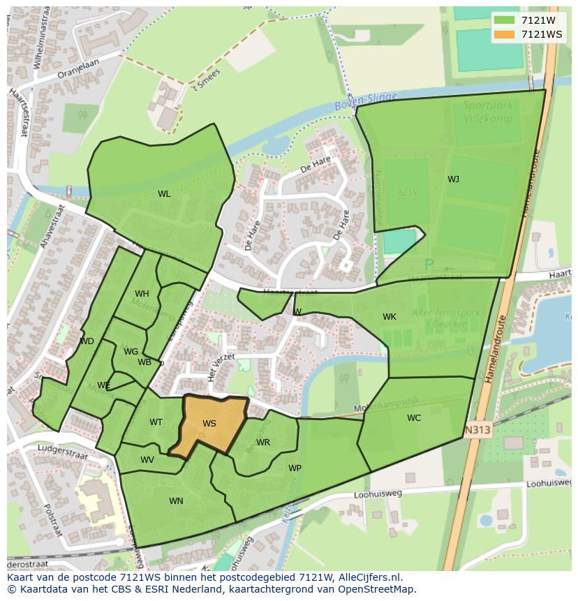 Afbeelding van het postcodegebied 7121 WS op de kaart.