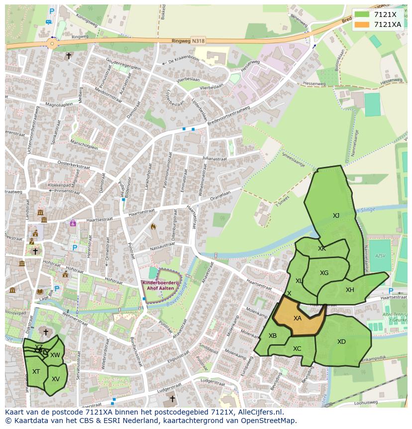 Afbeelding van het postcodegebied 7121 XA op de kaart.