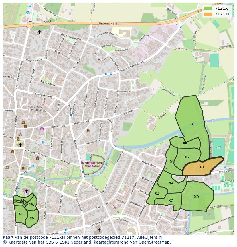 Afbeelding van het postcodegebied 7121 XH op de kaart.