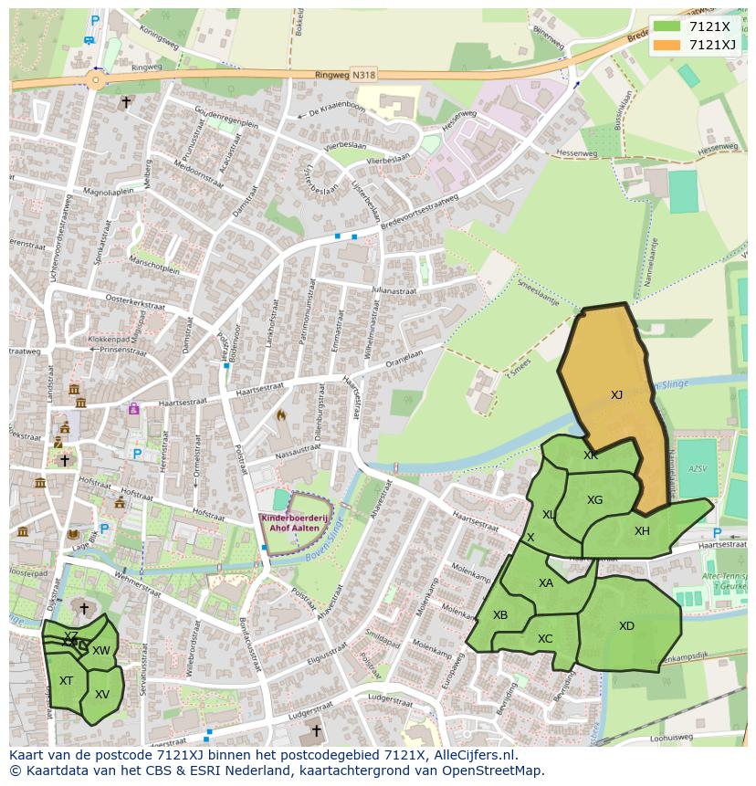 Afbeelding van het postcodegebied 7121 XJ op de kaart.