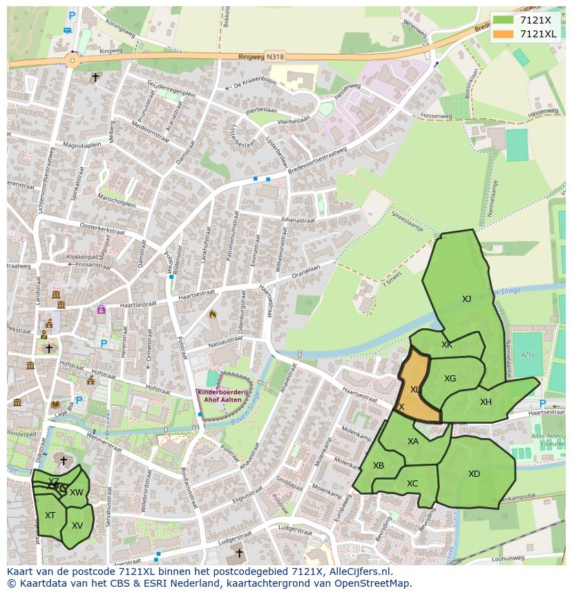 Afbeelding van het postcodegebied 7121 XL op de kaart.