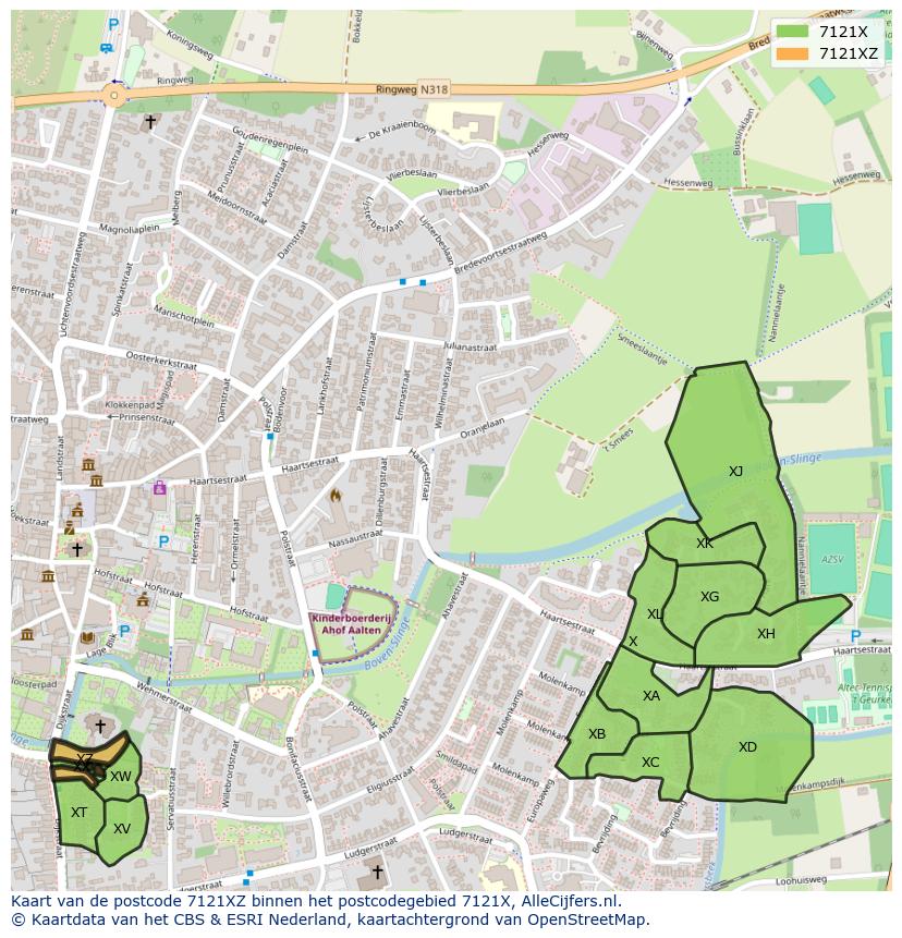 Afbeelding van het postcodegebied 7121 XZ op de kaart.