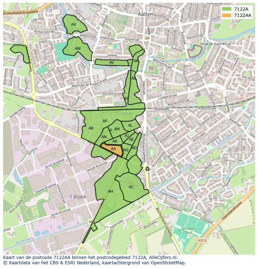 Afbeelding van het postcodegebied 7122 AA op de kaart.