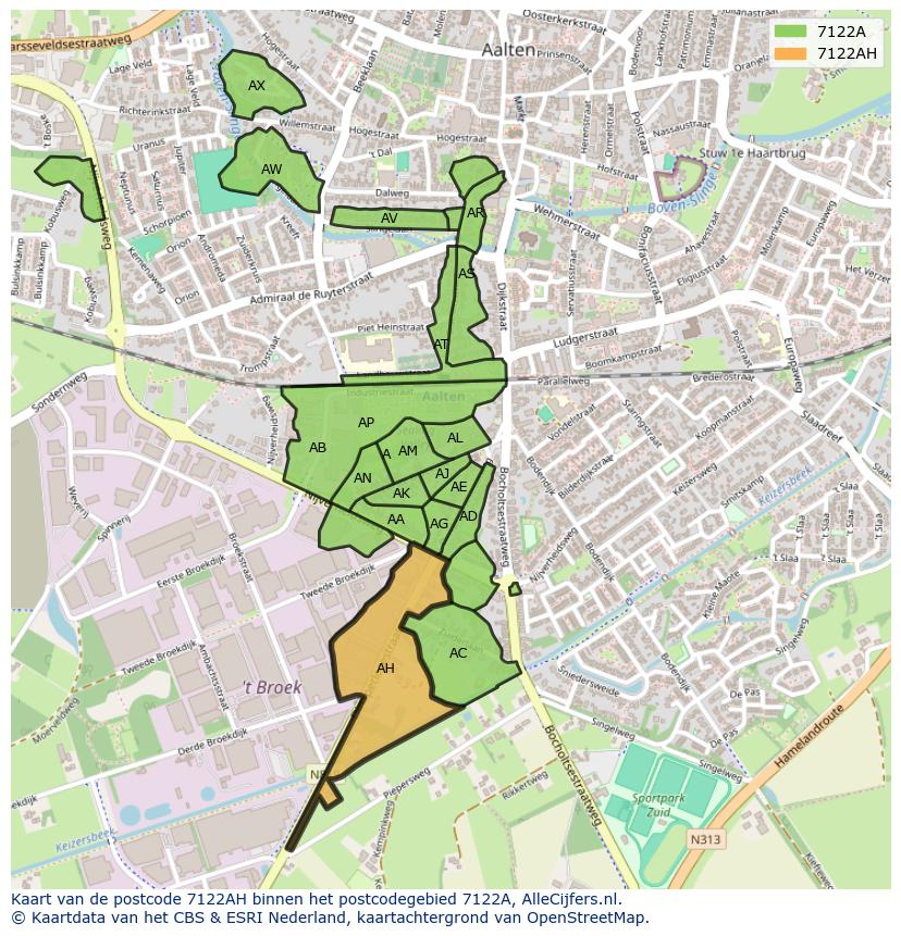 Afbeelding van het postcodegebied 7122 AH op de kaart.