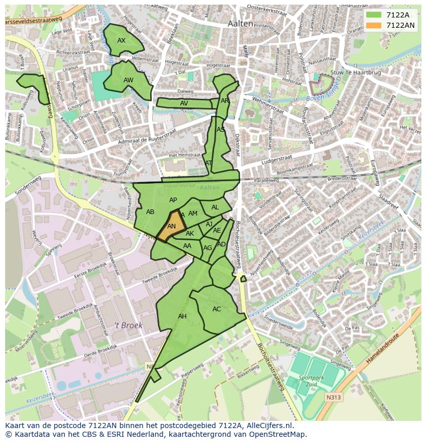 Afbeelding van het postcodegebied 7122 AN op de kaart.