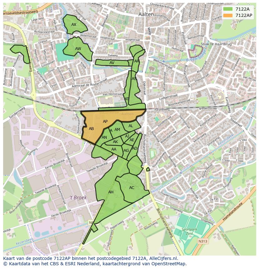 Afbeelding van het postcodegebied 7122 AP op de kaart.
