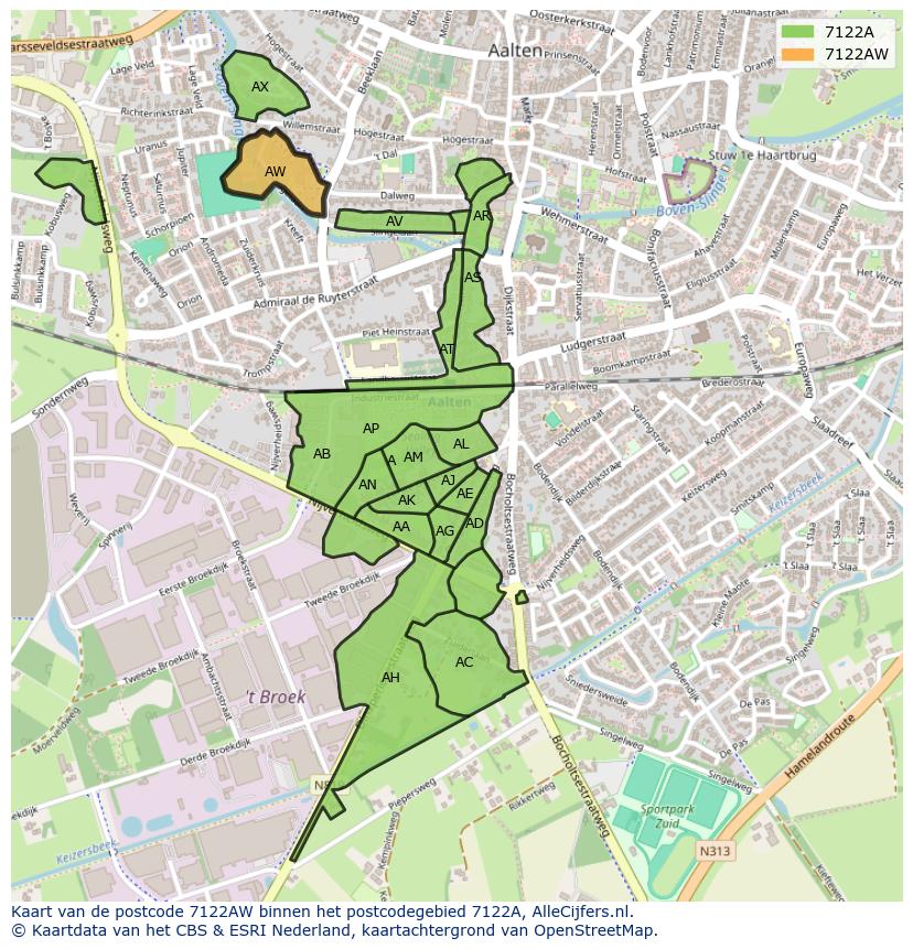 Afbeelding van het postcodegebied 7122 AW op de kaart.