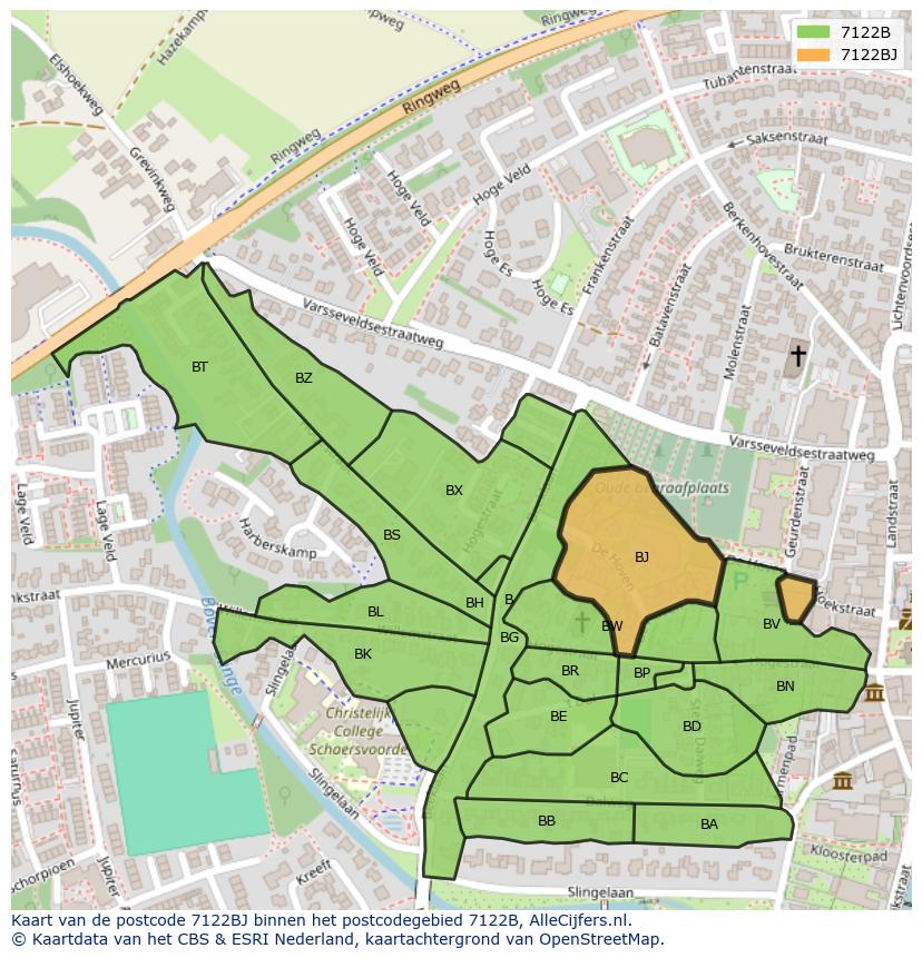 Afbeelding van het postcodegebied 7122 BJ op de kaart.