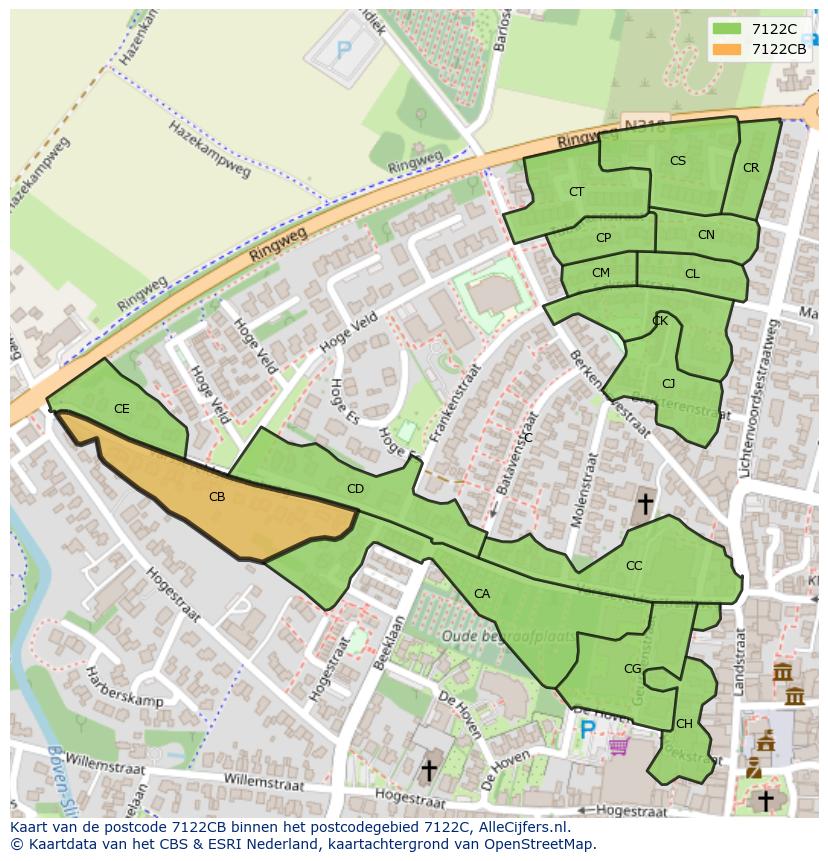 Afbeelding van het postcodegebied 7122 CB op de kaart.