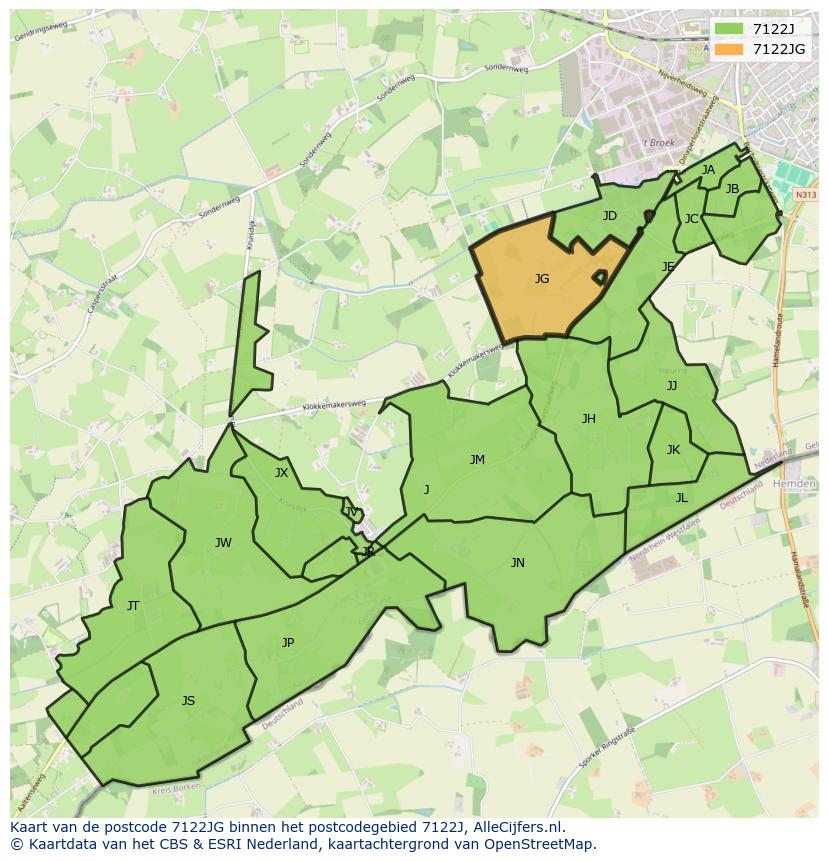 Afbeelding van het postcodegebied 7122 JG op de kaart.