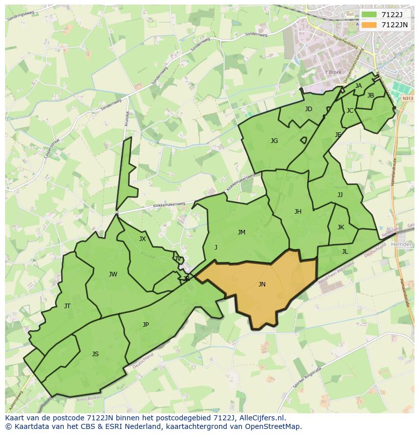 Afbeelding van het postcodegebied 7122 JN op de kaart.