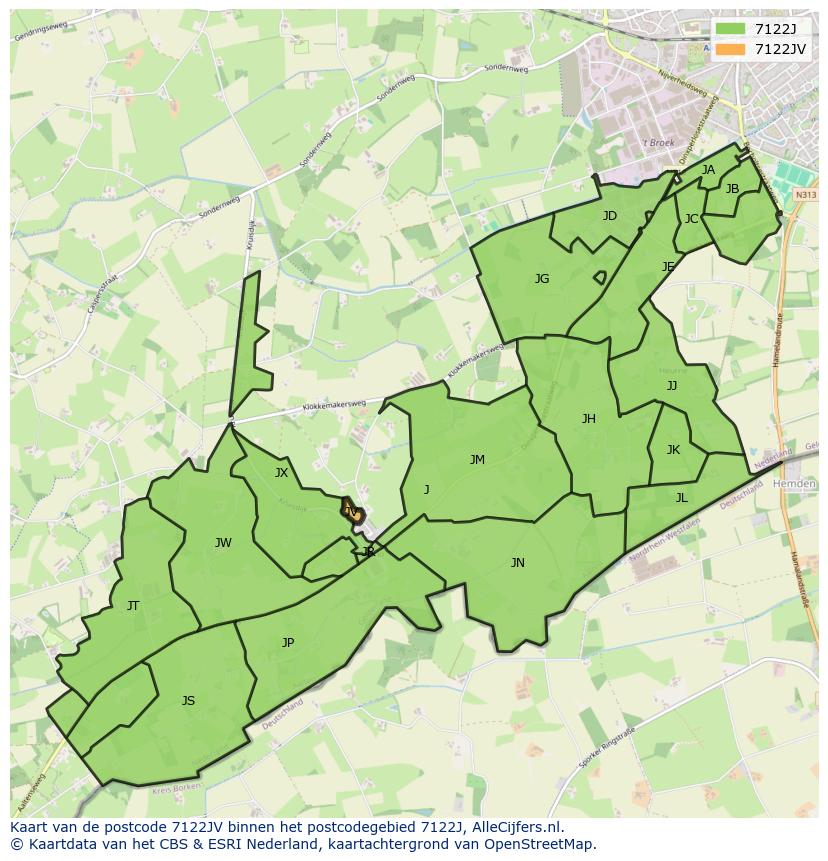 Afbeelding van het postcodegebied 7122 JV op de kaart.
