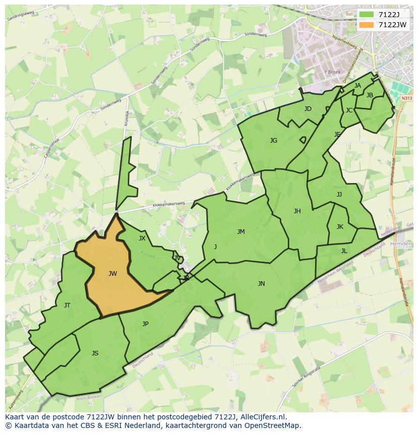 Afbeelding van het postcodegebied 7122 JW op de kaart.