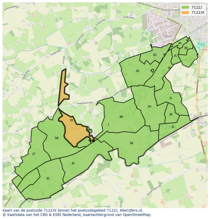 Afbeelding van het postcodegebied 7122 JX op de kaart.