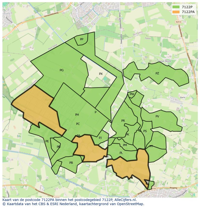 Afbeelding van het postcodegebied 7122 PA op de kaart.