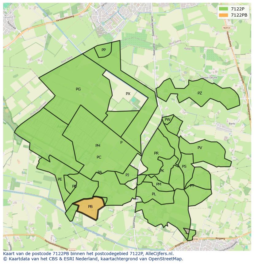 Afbeelding van het postcodegebied 7122 PB op de kaart.