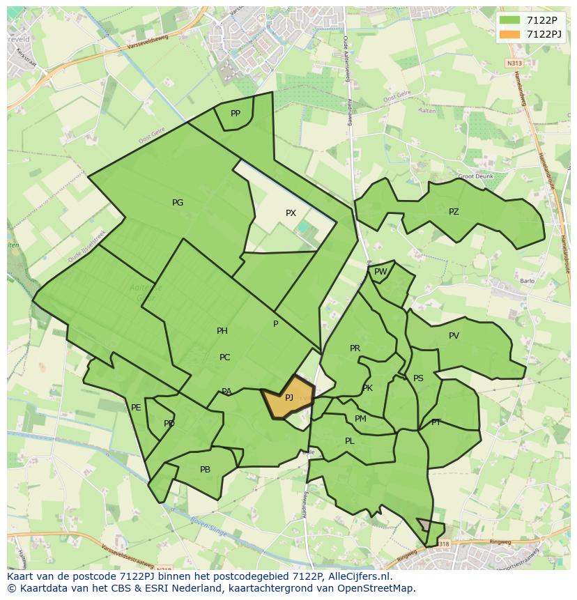 Afbeelding van het postcodegebied 7122 PJ op de kaart.