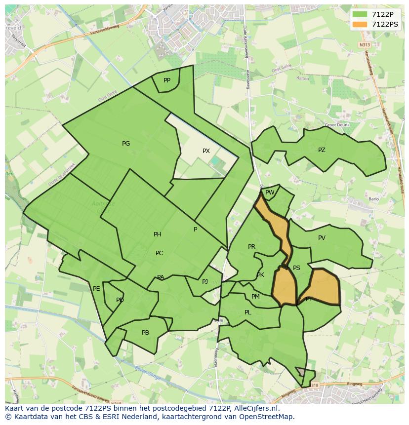 Afbeelding van het postcodegebied 7122 PS op de kaart.