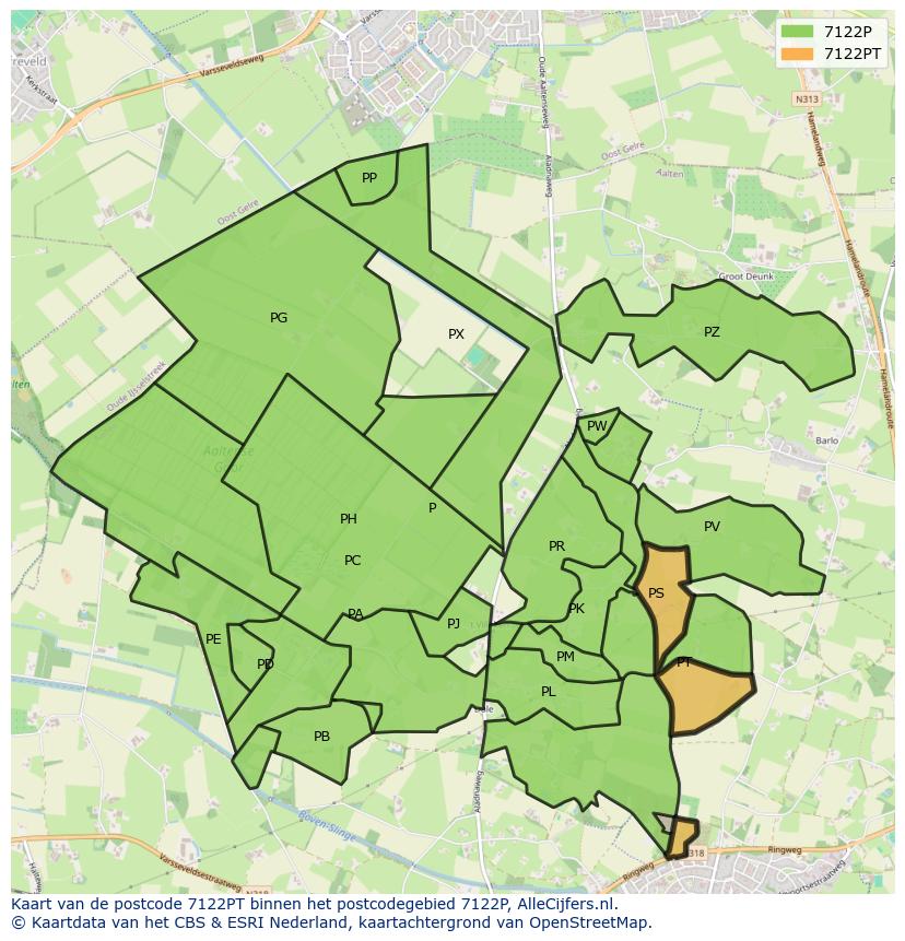Afbeelding van het postcodegebied 7122 PT op de kaart.