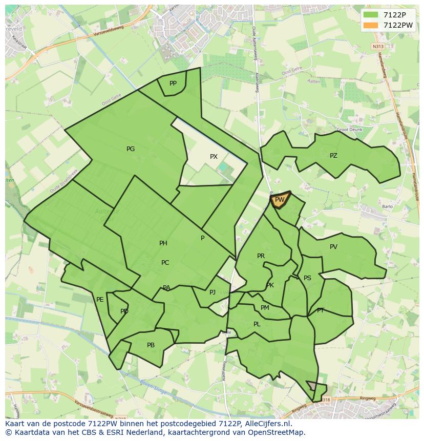 Afbeelding van het postcodegebied 7122 PW op de kaart.