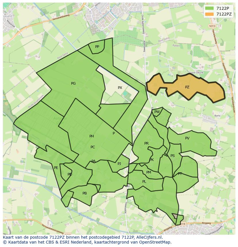 Afbeelding van het postcodegebied 7122 PZ op de kaart.