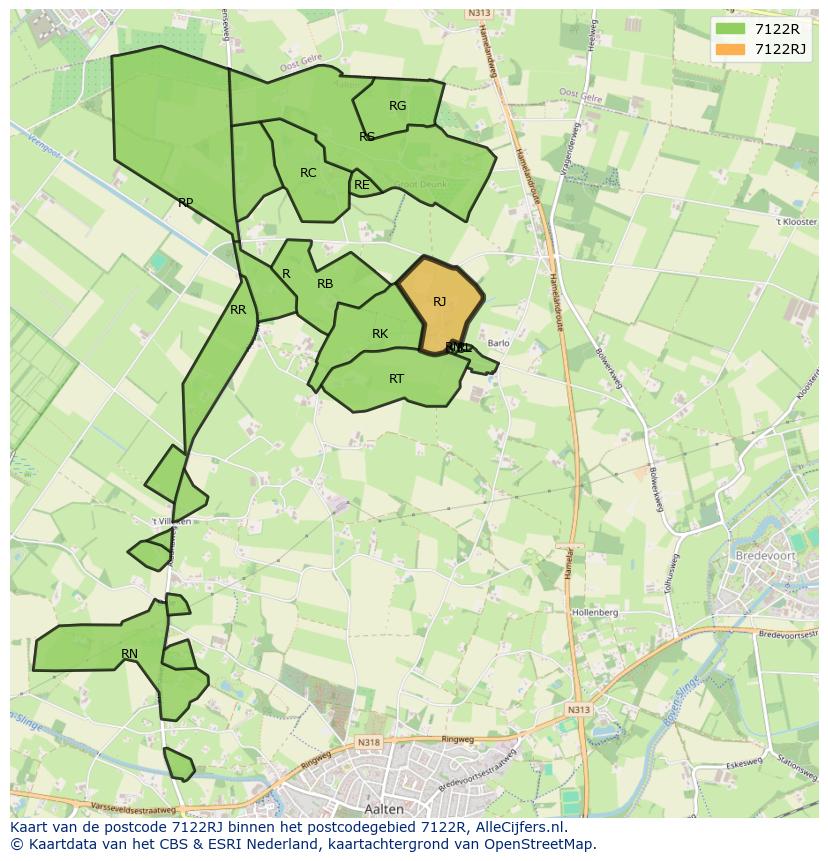 Afbeelding van het postcodegebied 7122 RJ op de kaart.