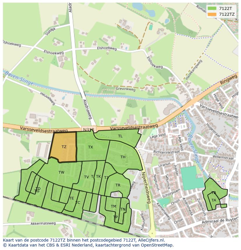 Afbeelding van het postcodegebied 7122 TZ op de kaart.