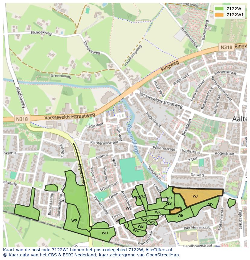 Afbeelding van het postcodegebied 7122 WJ op de kaart.