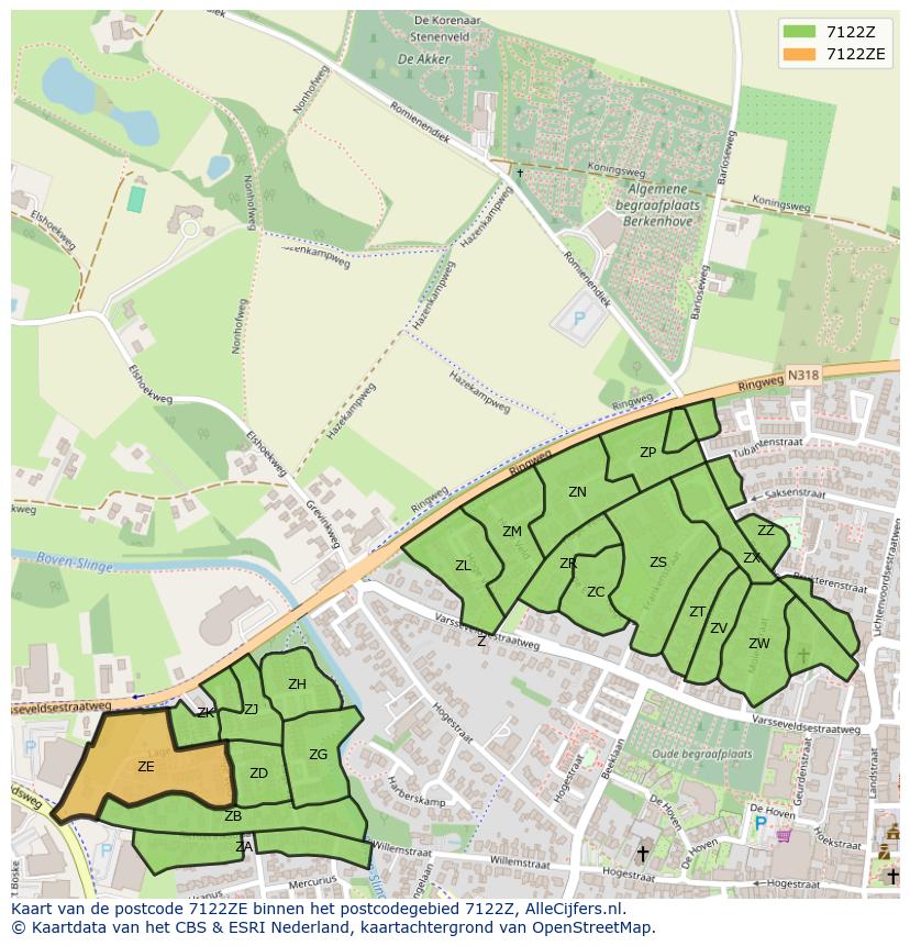 Afbeelding van het postcodegebied 7122 ZE op de kaart.