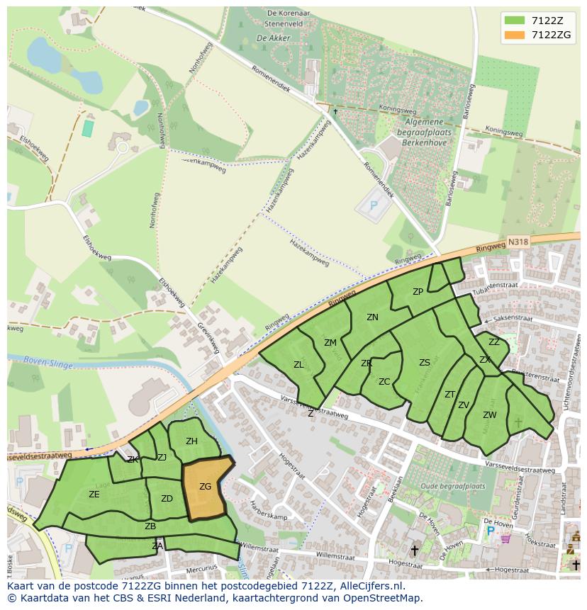 Afbeelding van het postcodegebied 7122 ZG op de kaart.
