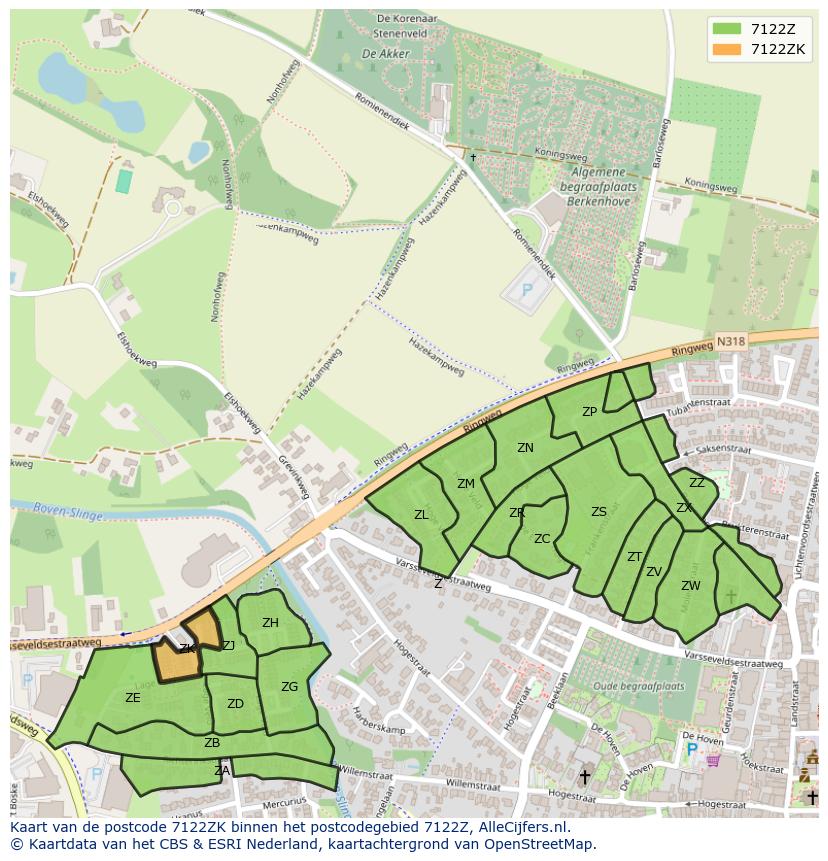Afbeelding van het postcodegebied 7122 ZK op de kaart.