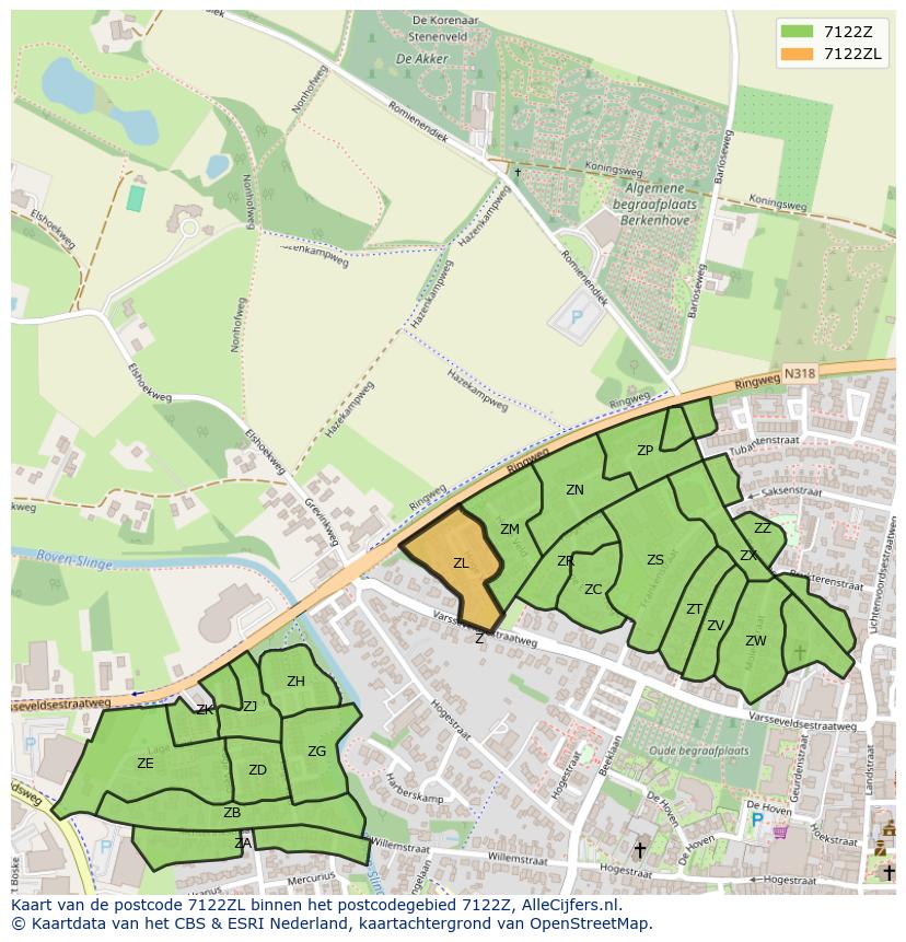 Afbeelding van het postcodegebied 7122 ZL op de kaart.