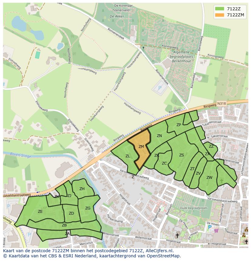 Afbeelding van het postcodegebied 7122 ZM op de kaart.