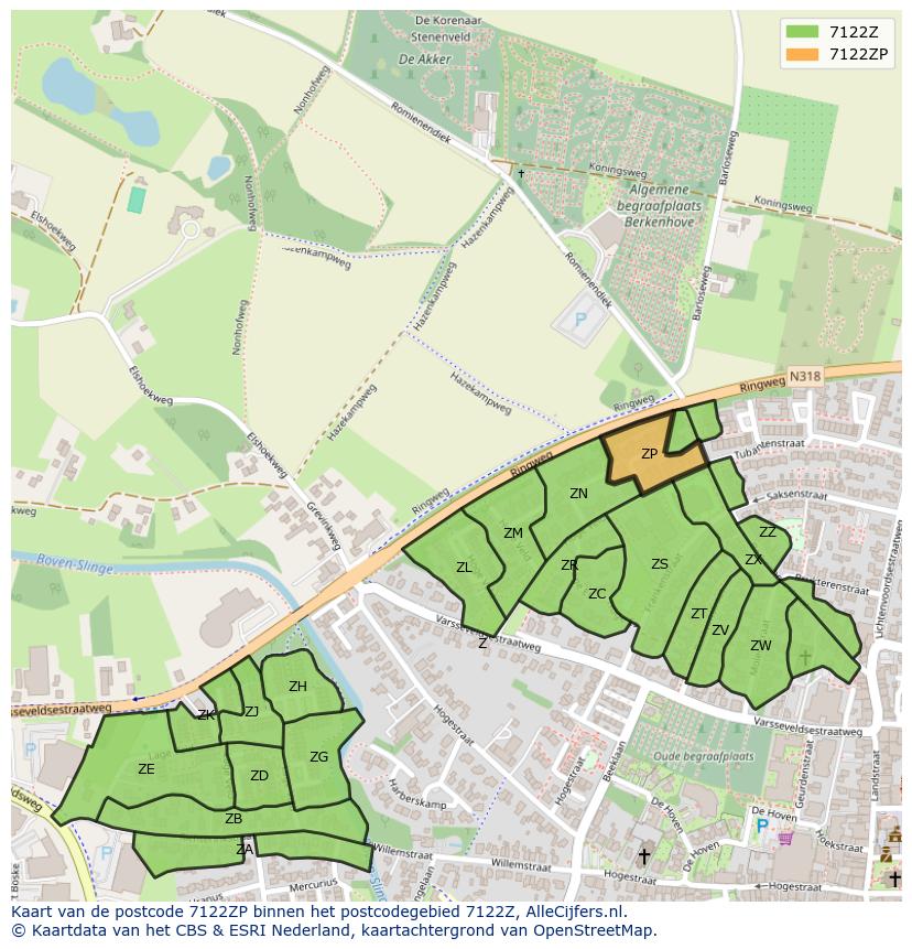 Afbeelding van het postcodegebied 7122 ZP op de kaart.
