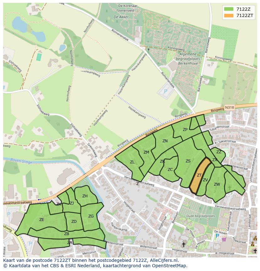 Afbeelding van het postcodegebied 7122 ZT op de kaart.
