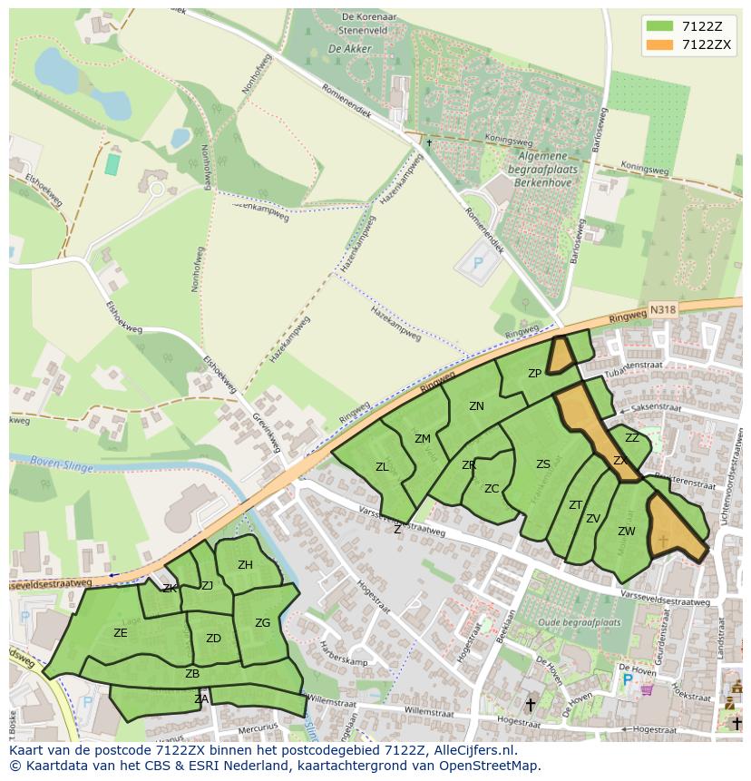 Afbeelding van het postcodegebied 7122 ZX op de kaart.