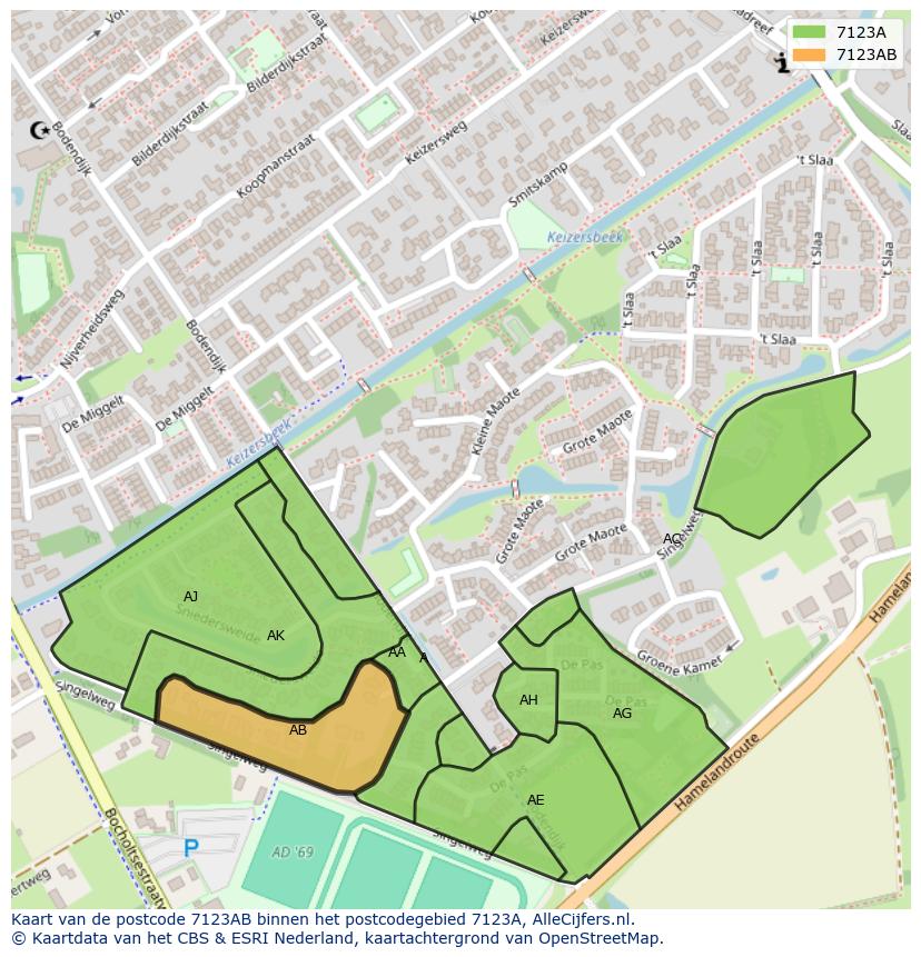 Afbeelding van het postcodegebied 7123 AB op de kaart.