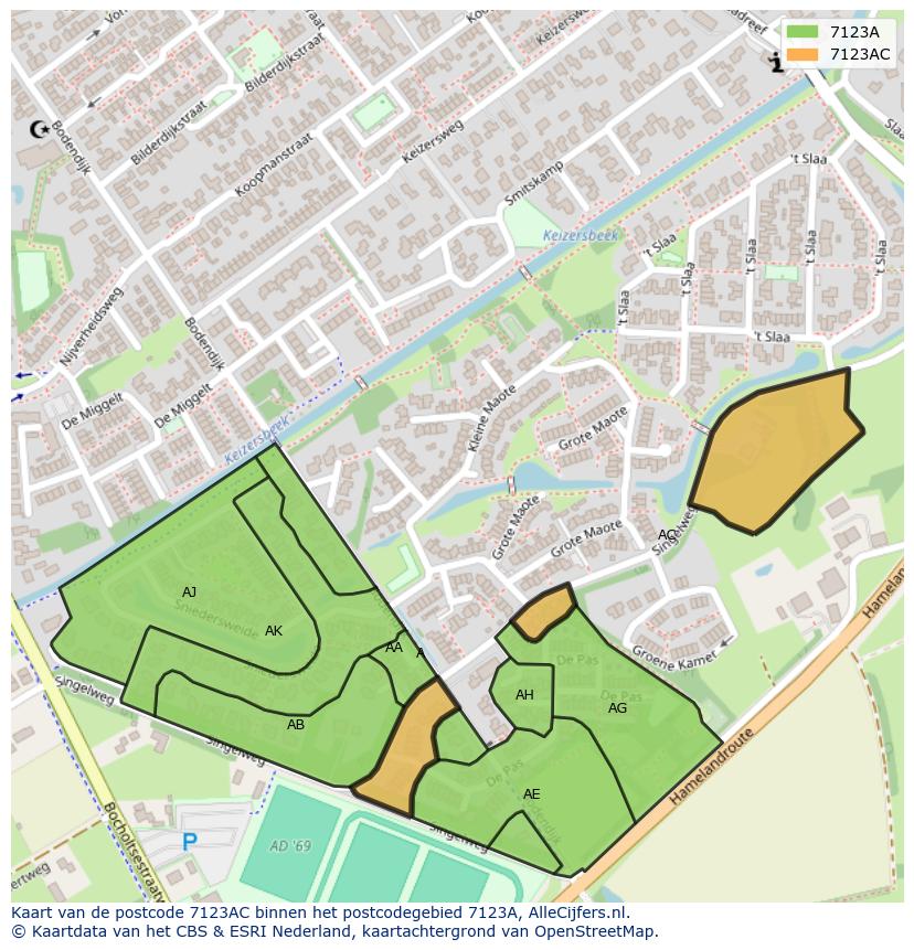 Afbeelding van het postcodegebied 7123 AC op de kaart.