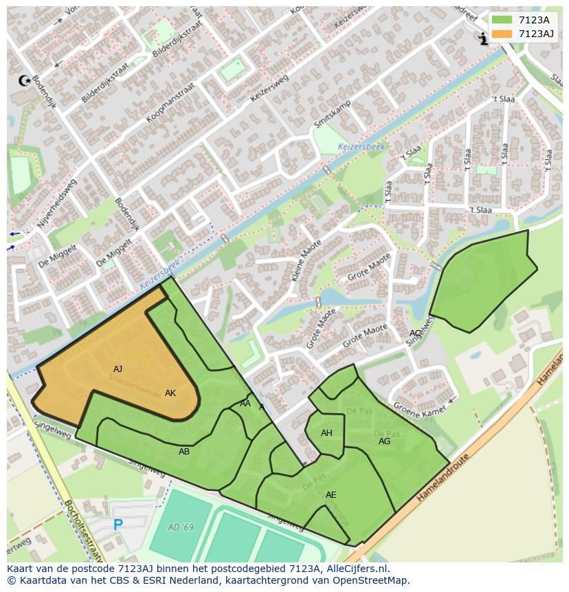 Afbeelding van het postcodegebied 7123 AJ op de kaart.