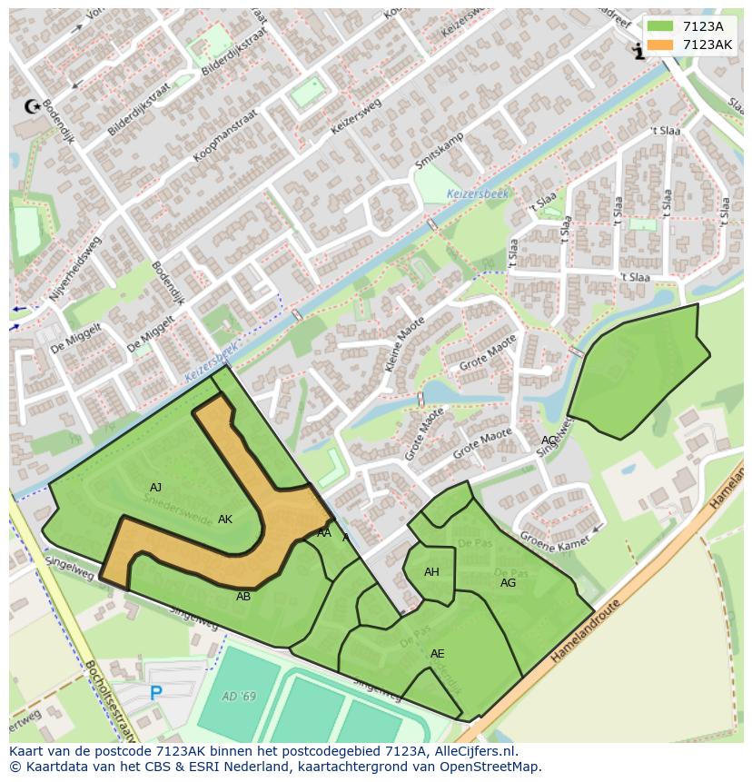 Afbeelding van het postcodegebied 7123 AK op de kaart.