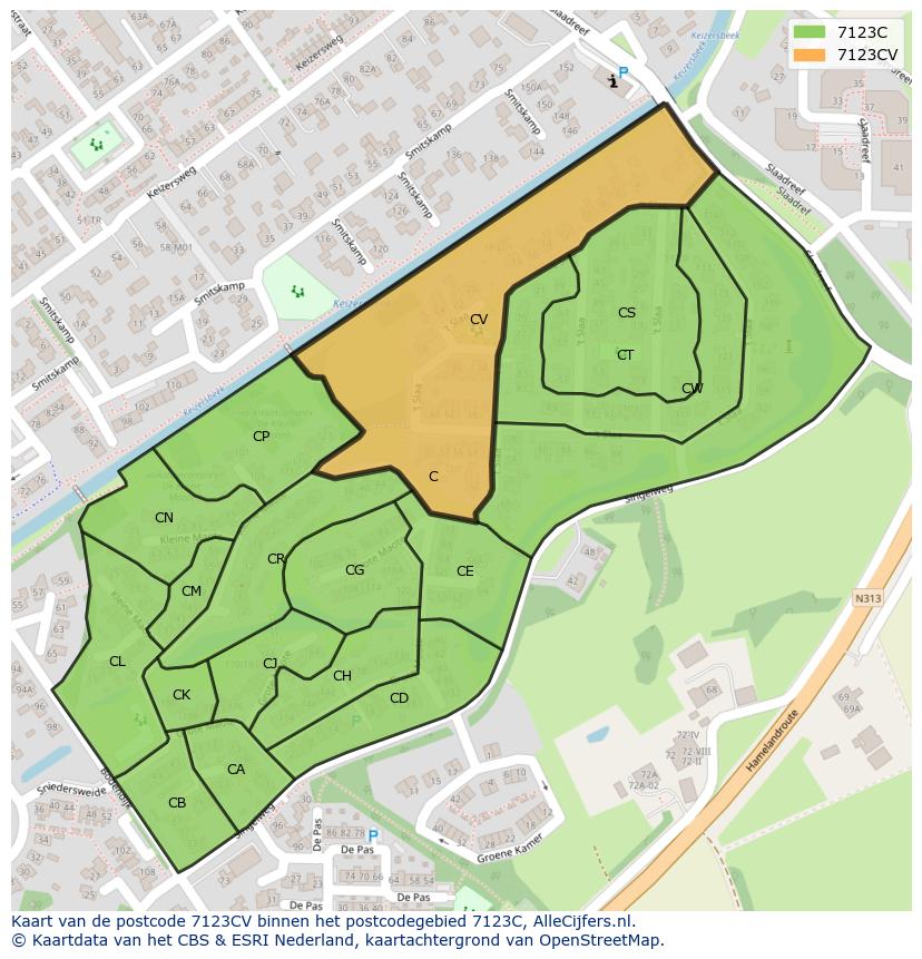 Afbeelding van het postcodegebied 7123 CV op de kaart.