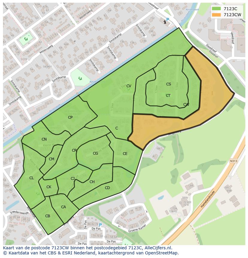 Afbeelding van het postcodegebied 7123 CW op de kaart.
