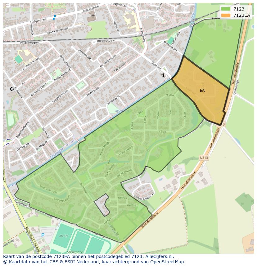 Afbeelding van het postcodegebied 7123 EA op de kaart.