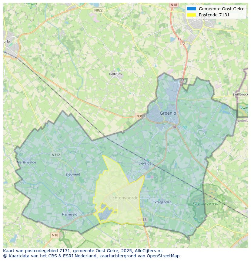 Afbeelding van het postcodegebied 7131 op de kaart.
