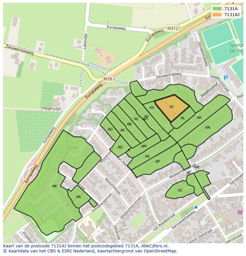 Afbeelding van het postcodegebied 7131 AJ op de kaart.