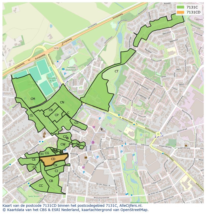 Afbeelding van het postcodegebied 7131 CD op de kaart.