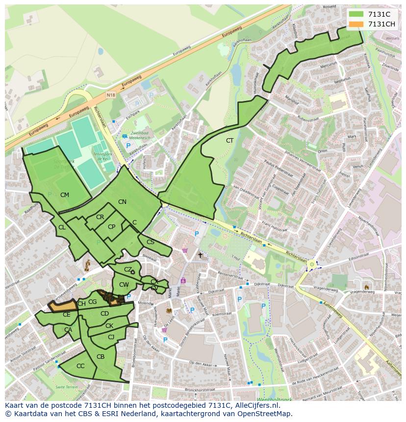 Afbeelding van het postcodegebied 7131 CH op de kaart.