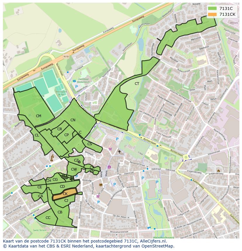 Afbeelding van het postcodegebied 7131 CK op de kaart.